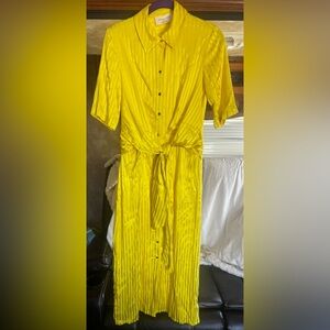 EXQUISE Lemon yellow front button down, waist tie dress w/ striped detail size 2